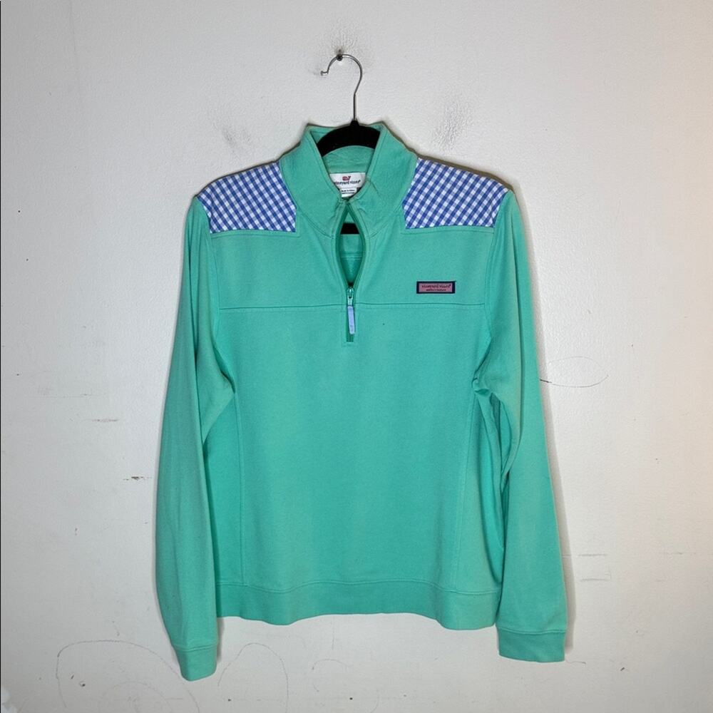 Vineyard Vines Mint Green Blue and White Check Detail 1/4 Zip Top Size Large